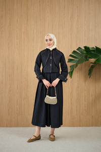 Pelerin Detay Gold Düğmeli Kot Takım Lacivert