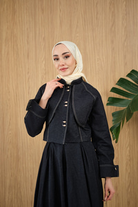 Pelerin Detay Gold Düğmeli Kot Takım Lacivert