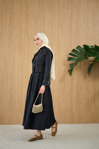 Pelerin Detay Gold Düğmeli Kot Takım Lacivert