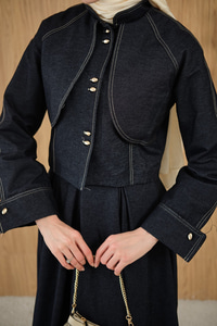 Pelerin Detay Gold Düğmeli Kot Takım Lacivert