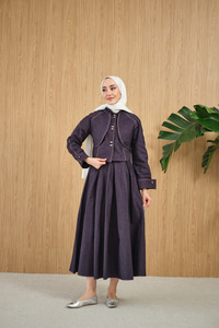 Pelerin Detay Gold Düğmeli Kot Takım Mürdüm