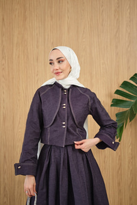 Pelerin Detay Gold Düğmeli Kot Takım Mürdüm