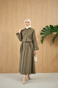 Pelerin Detay Gold Düğmeli Kot Takım Yeşil