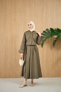 Pelerin Detay Gold Düğmeli Kot Takım Yeşil