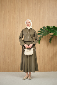 Pelerin Detay Gold Düğmeli Kot Takım Yeşil