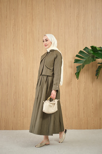 Pelerin Detay Gold Düğmeli Kot Takım Yeşil