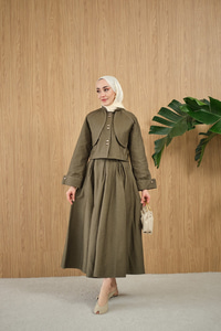 Pelerin Detay Gold Düğmeli Kot Takım Yeşil