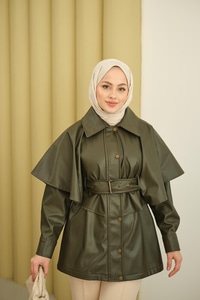 Pelerin Detay Kemerli Deri Trenç Haki Yeşil