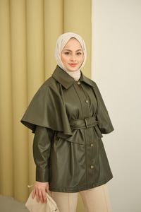 Pelerin Detay Kemerli Deri Trenç Haki Yeşil