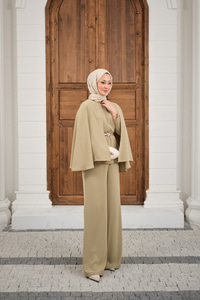 Pelerin Kol Arkası Fermuarlı Kemer Detay Takım Küf Yeşil