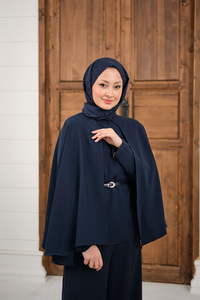 Pelerin Kol Arkası Fermuarlı Kemer Detay Takım Lacivert