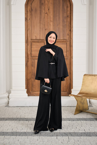 Pelerin Kol Arkası Fermuarlı Kemer Detay Takım Siyah