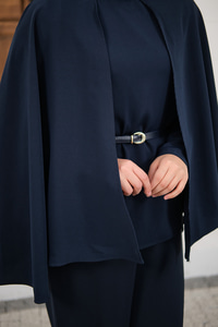 Pelerin Kol Arkası Fermuarlı Kemer Detay Takım Lacivert