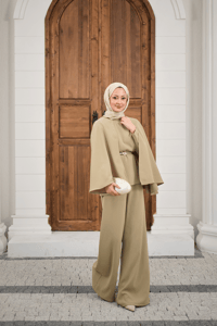 Pelerin Kol Arkası Fermuarlı Kemer Detay Takım Küf Yeşil