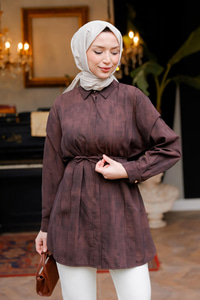 Pelerin Kol Gizli Düğmeli Gömlek Kahverengi