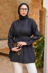 Pelerin Kol Gizli Düğmeli Gömlek Siyah