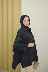 Pelerin Kol Kısa Trenç Lacivert