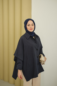 Pelerin Kol Kısa Trenç Lacivert