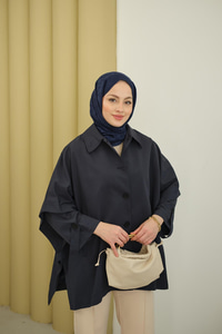 Pelerin Kol Kısa Trenç Lacivert