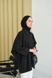 Pelerin Kol Kısa Trenç Siyah