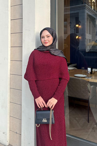 Pelerin Yaka Elbise Bordo