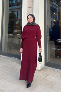 Pelerin Yaka Elbise Bordo