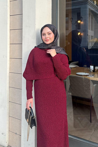 Pelerin Yaka Elbise Bordo