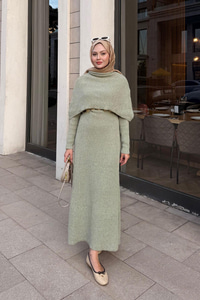 Pelerin Yaka Elbise Fıstık Yeşil