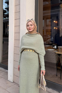 Pelerin Yaka Elbise Fıstık Yeşil