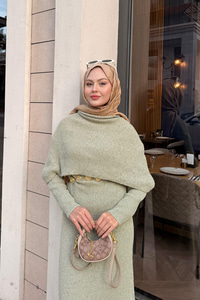 Pelerin Yaka Elbise Fıstık Yeşil