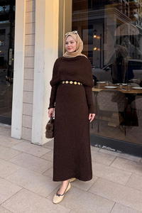 Pelerin Yaka Elbise Kahve