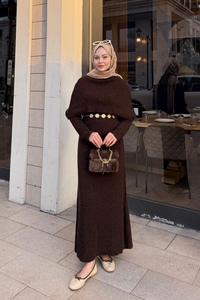 Pelerin Yaka Elbise Kahve