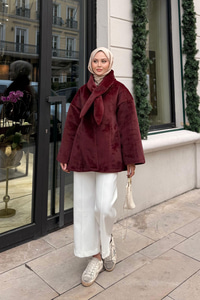 Peluş Detay Şallı Ceket Bordo