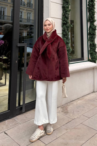 Peluş Detay Şallı Ceket Bordo