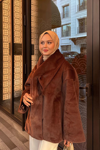 Peluş Detay Şallı Ceket Kahverengi