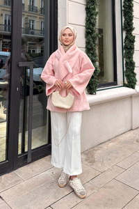 Peluş Detay Şallı Ceket Pembe