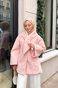 Peluş Detay Şallı Ceket Pembe