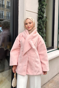 Peluş Detay Şallı Ceket Pembe