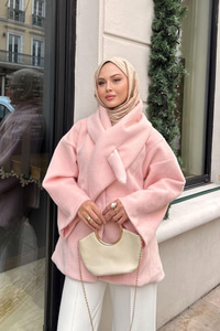 Peluş Detay Şallı Ceket Pembe
