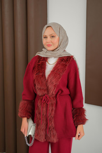 Peluş Detay Triko Takım Bordo