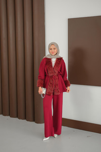 Peluş Detay Triko Takım Bordo