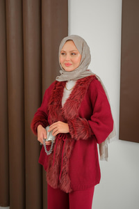 Peluş Detay Triko Takım Bordo