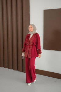 Peluş Detay Triko Takım Bordo