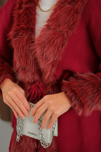 Peluş Detay Triko Takım Bordo