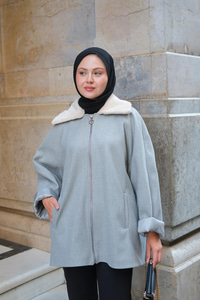 Peluş Yaka Ceket Gri