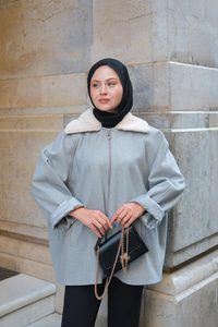 Peluş Yaka Ceket Gri