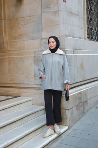 Peluş Yaka Ceket Gri