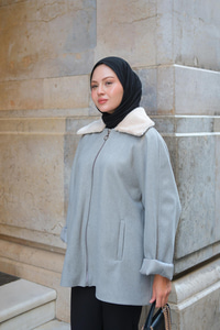 Peluş Yaka Ceket Gri