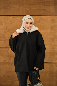 Peluş Yaka Ceket Siyah