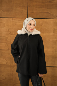 Peluş Yaka Ceket Siyah